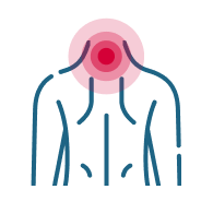 Body massager targeting neck pain, shown on outline of upper back and neck with red target symbol highlighting affected area.