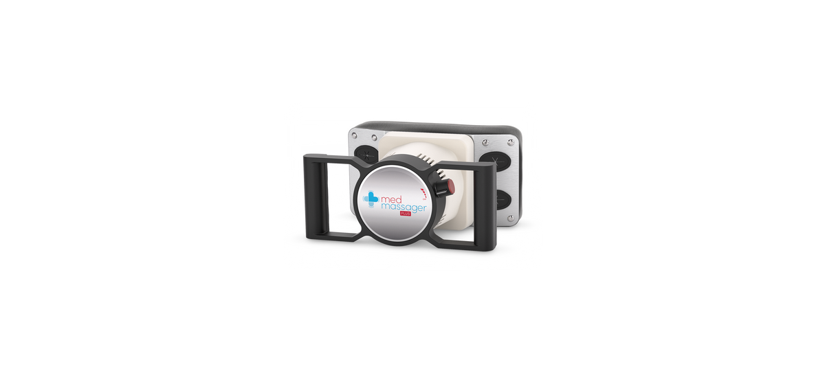 MedMassager handheld body massager with round massage head and black handle on white background.