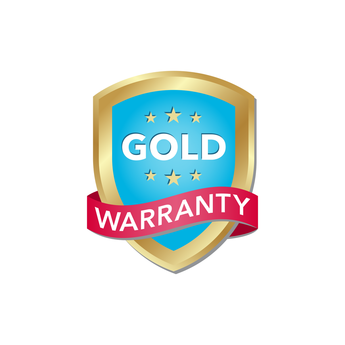 MedMassager Lifetime Warranty badge: blue and gold shield with five stars, red WARRANTY ribbon, and gold text.