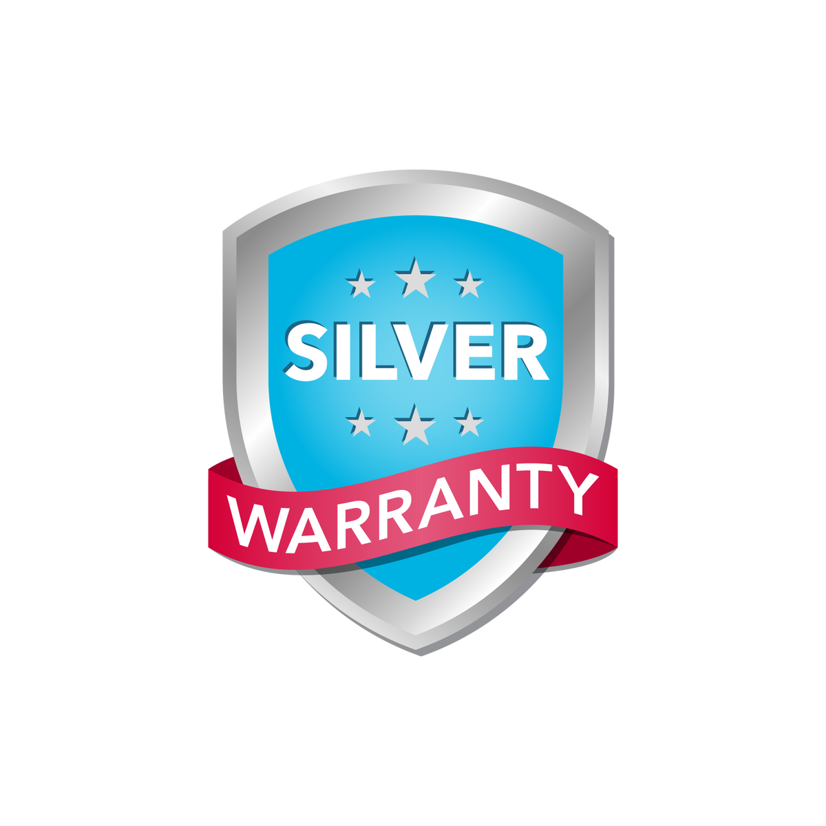 Blue and silver shield with stars, silver text, and red ribbon banner stating MedMassager 3-Year Warranty Combo offer.