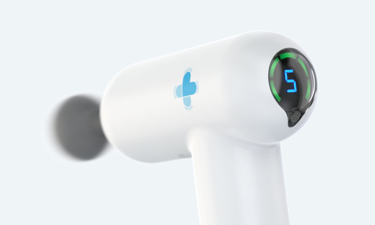 White MedMassager body massager with digital display showing 5 and blue logo on side.