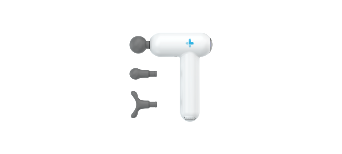 MedMassager white handheld body massager with three gray interchangeable attachments on a plain background.