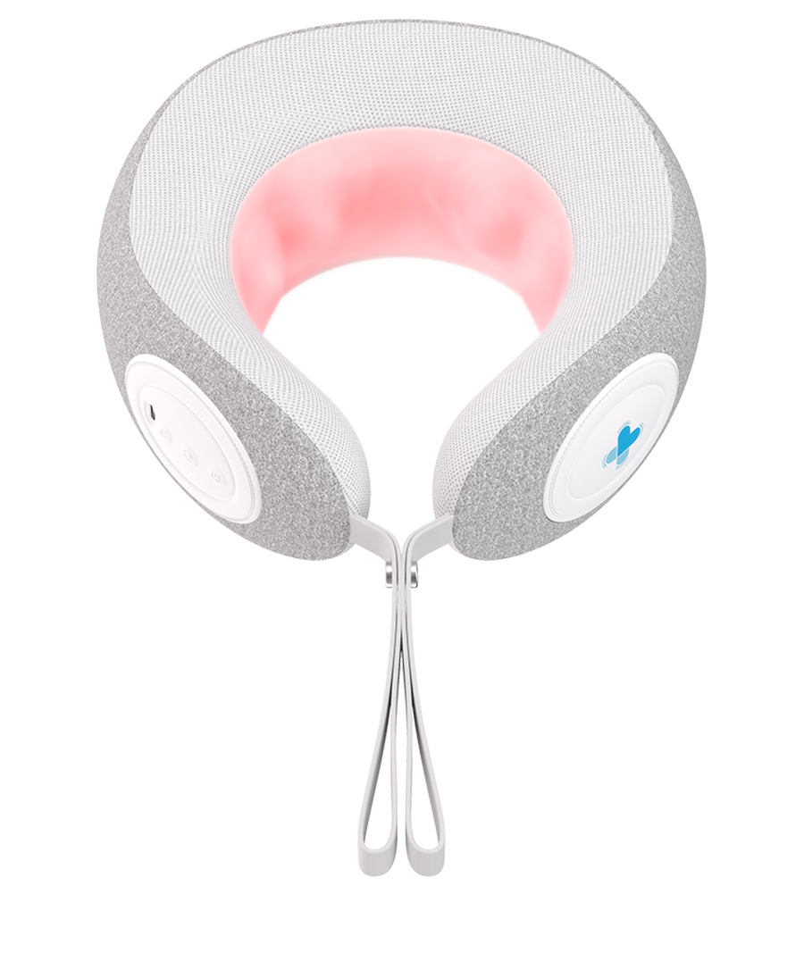 Gray and white U-shaped MedMassager body massager with control buttons and glowing pink interior on a white background.