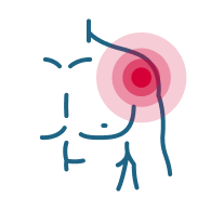 Line illustration of person with red target symbol on right shoulder, highlighting area for MedMassager body massager use.