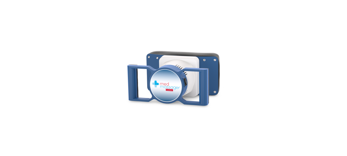 MedMassager blue and white foot massager with side handles on a plain white background.