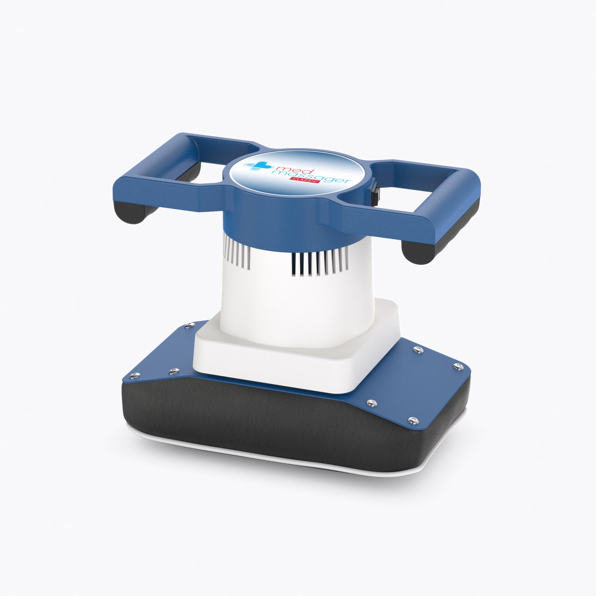 MedMassager body massager, reconditioned, with dual handles and black cushioned base for soothing massage.