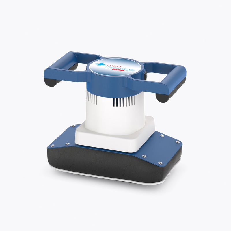MedMassager body massager, reconditioned, with dual handles and black cushioned base for soothing massage.