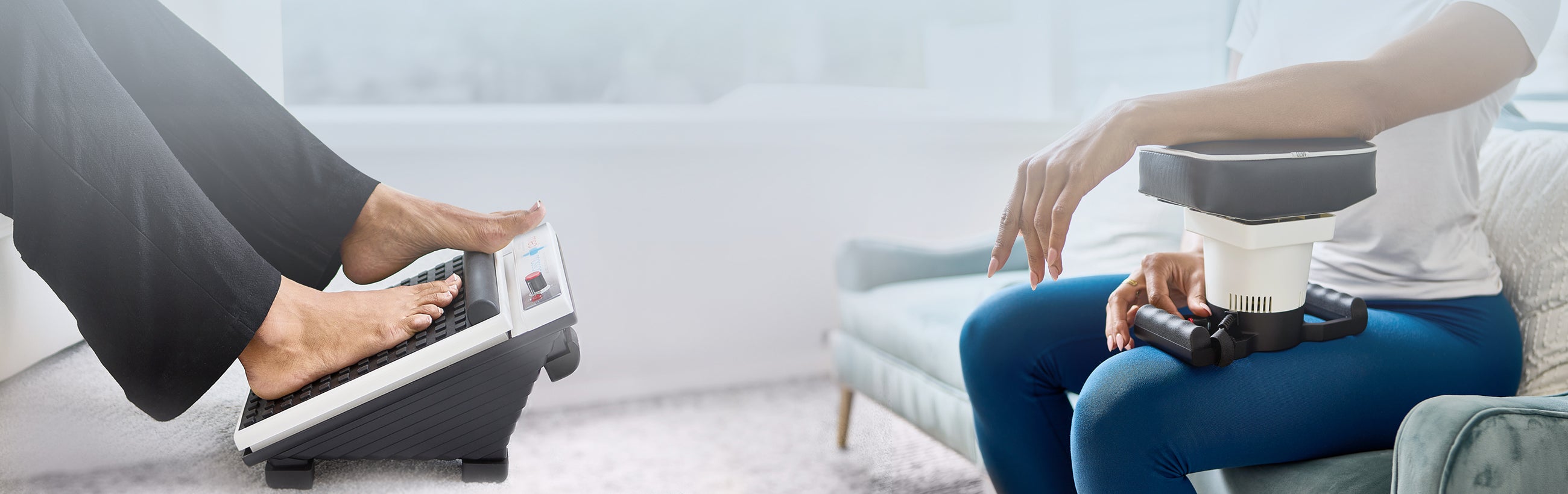 Person using a MedMassager foot massager on their feet and a body massager on their thigh while sitting on a couch.