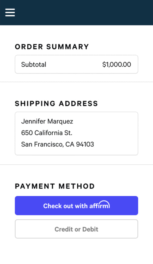 MedMassager checkout page: $1,000 subtotal, San Francisco shipping address, payment with Affirm or card.