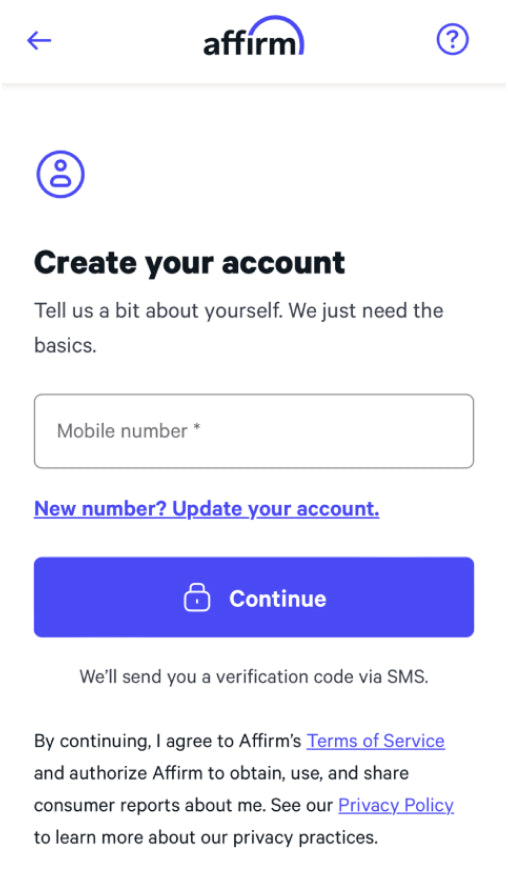 Affirm signup screen for financing MedMassager foot massager purchase, requesting mobile number with Continue button and policies shown.