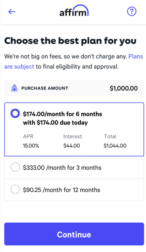 Affirm payment options for MedMassager: $174/mo for 6 months, $333/mo for 3, or $90.25/mo for 12, on $1,000 purchase.