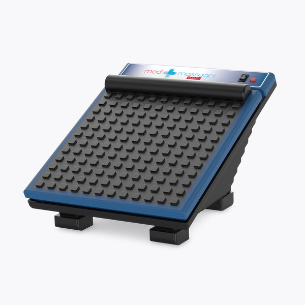 MedMassager foot massager in blue and black with angled textured surface and control buttons on top.