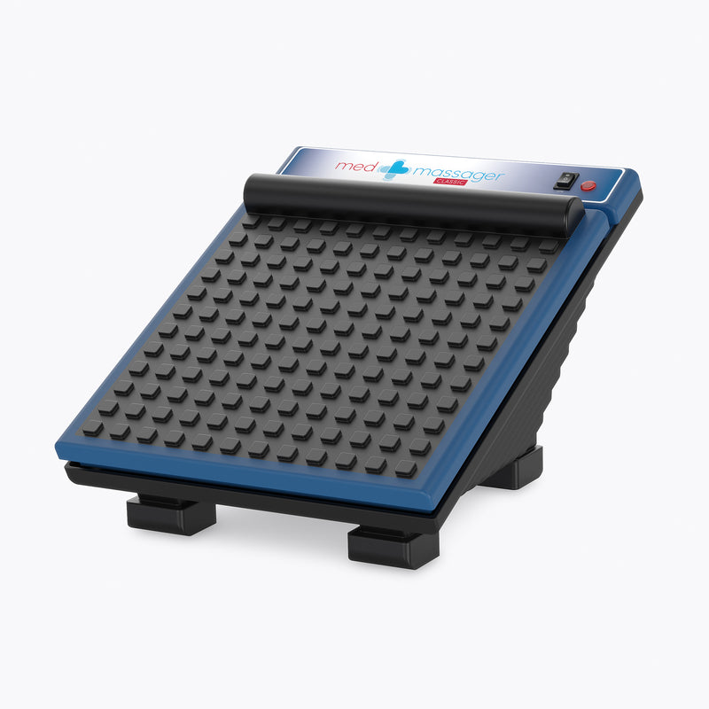 MedMassager foot massager in blue and black with angled textured surface and control buttons on top.