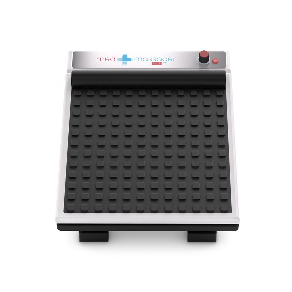 Black and white MedMassager foot massager with textured surface, control knob, and MedMassager branding.