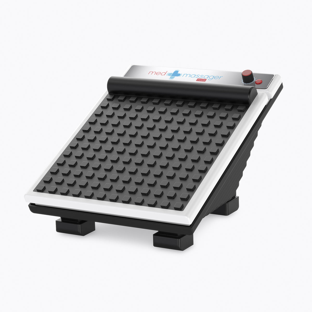 Black and white MedMassager foot massager with oscillating technology, digital display, and control knobs.
