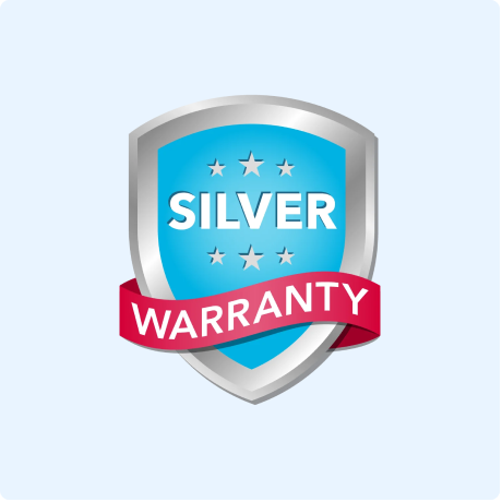 Blue and silver shield with four stars above a red "Warranty" ribbon on light blue, representing MedMassager product warranty.