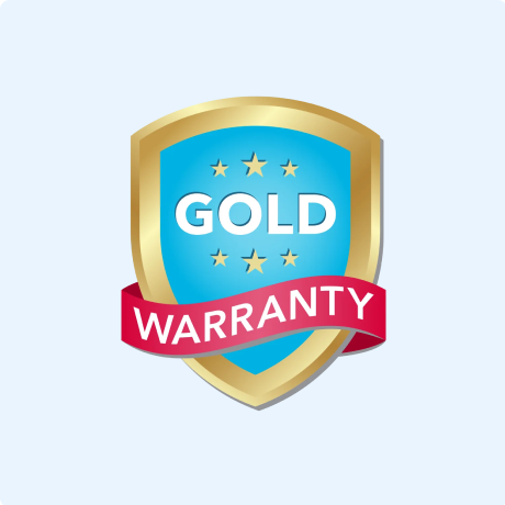 Blue and gold shield with stars, gold text, and a red WARRANTY banner, symbolizing MedMassager product warranty.