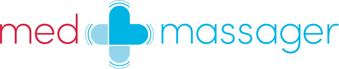 MedMassager logo featuring a stylized blue cross and red and blue text on a white background.