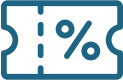 Discount coupon icon with blue outline and percent symbol, representing a special offer on MedMassager foot massager products.