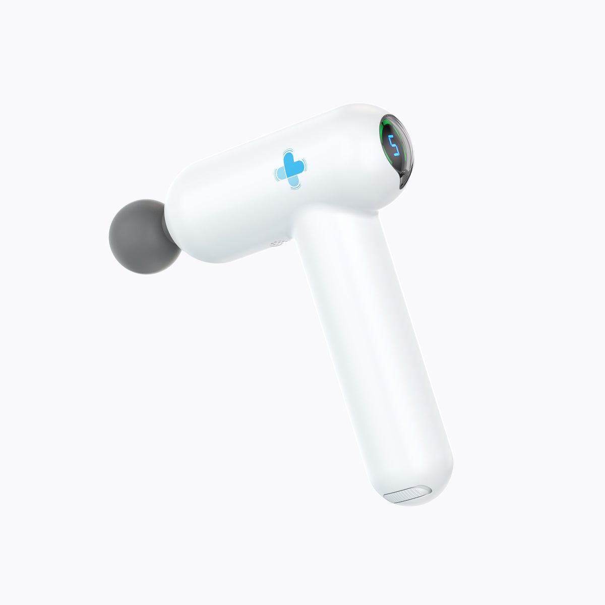 Compact MedMassager body massager with black round head and blue logo, displayed on a white background.