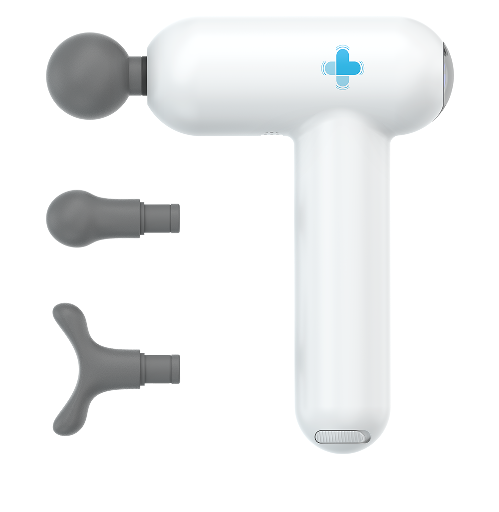 White handheld body massager with three interchangeable attachments displayed on a plain background.