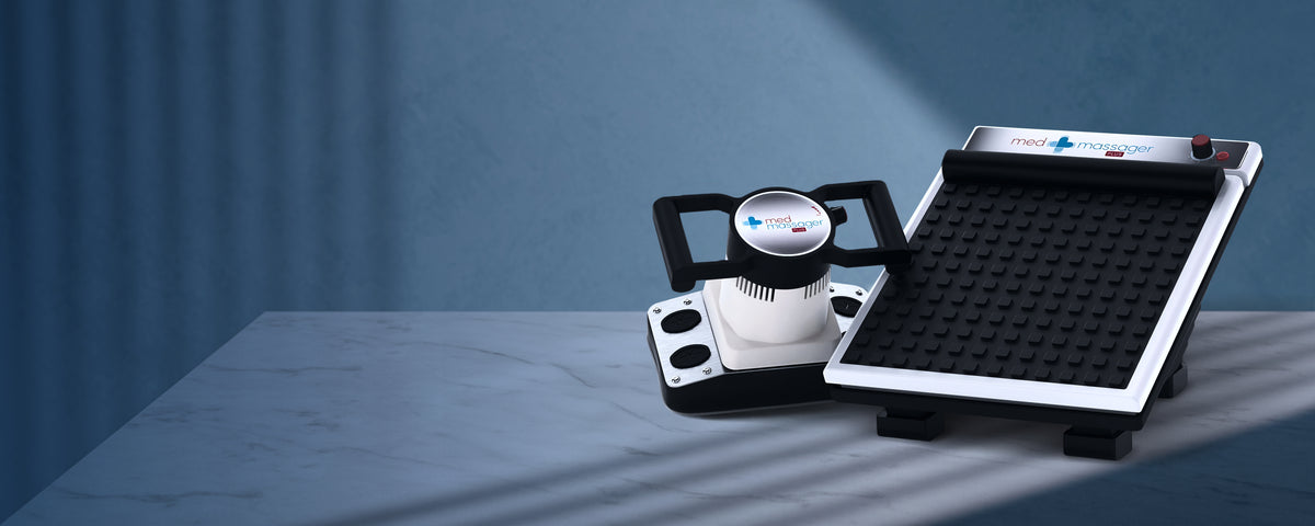 Two MedMassager devices on a marble surface with blue striped shadows, featuring foot and body massager models.