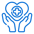 Blue outline of hands holding a heart with medical cross, representing MedMassager healthcare support and wellness products.