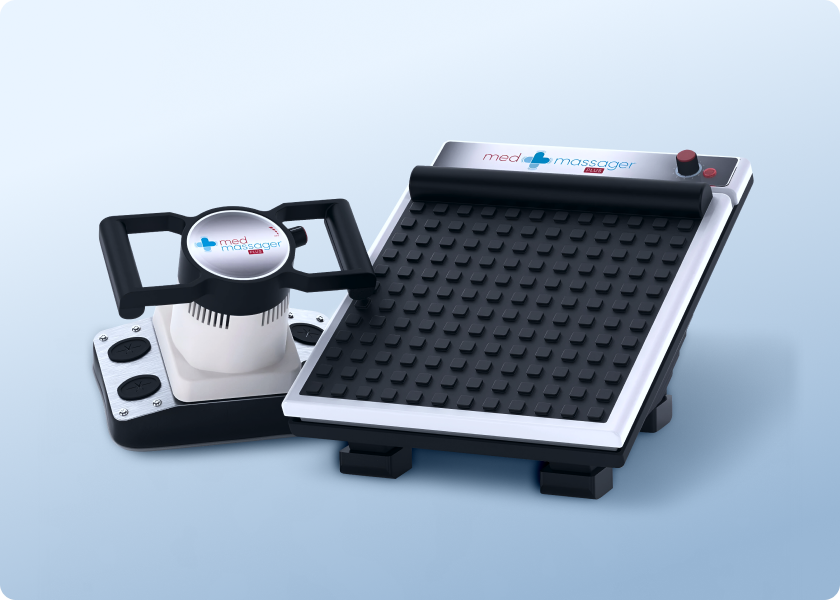MedMassager black and white foot massager devices displayed on a light blue background.