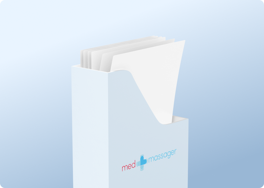 MedMassager branded white folder holder with documents, displayed against a blue background.