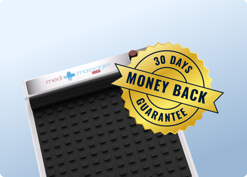 MedMassager foot massager with a gold 30 Days Money Back Guarantee badge in the top right corner.