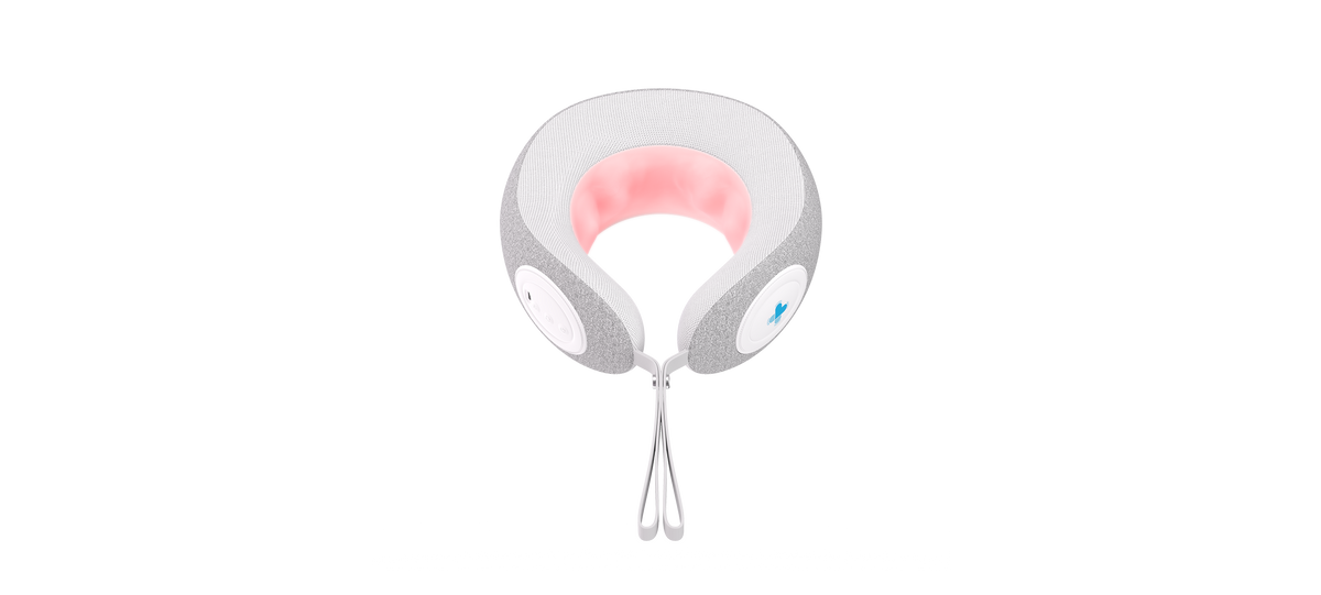 Gray and pink U-shaped neck pillow with front buttons and drawstrings, displayed on a white background.