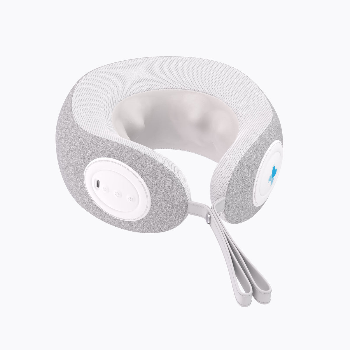 MedMassager neck massager, gray and white, with heat, control buttons, soft fabric, dual straps for pain relief.