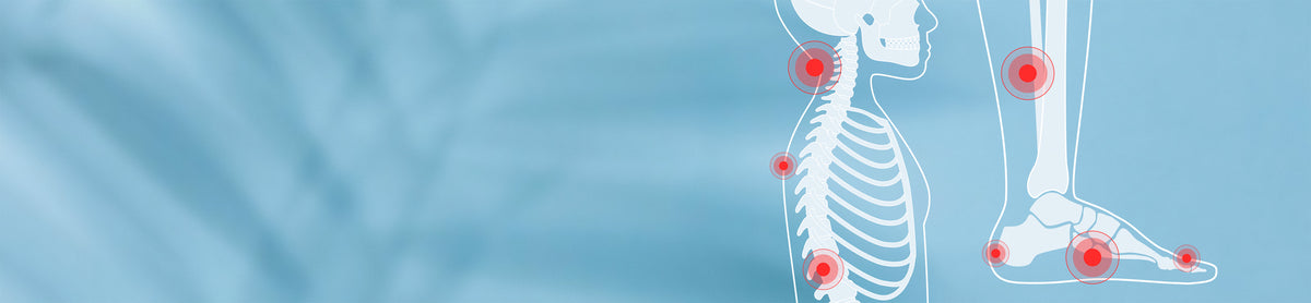 Human skeleton diagram with red circles marking joint and spine pain points, illustrating MedMassager relief targets.